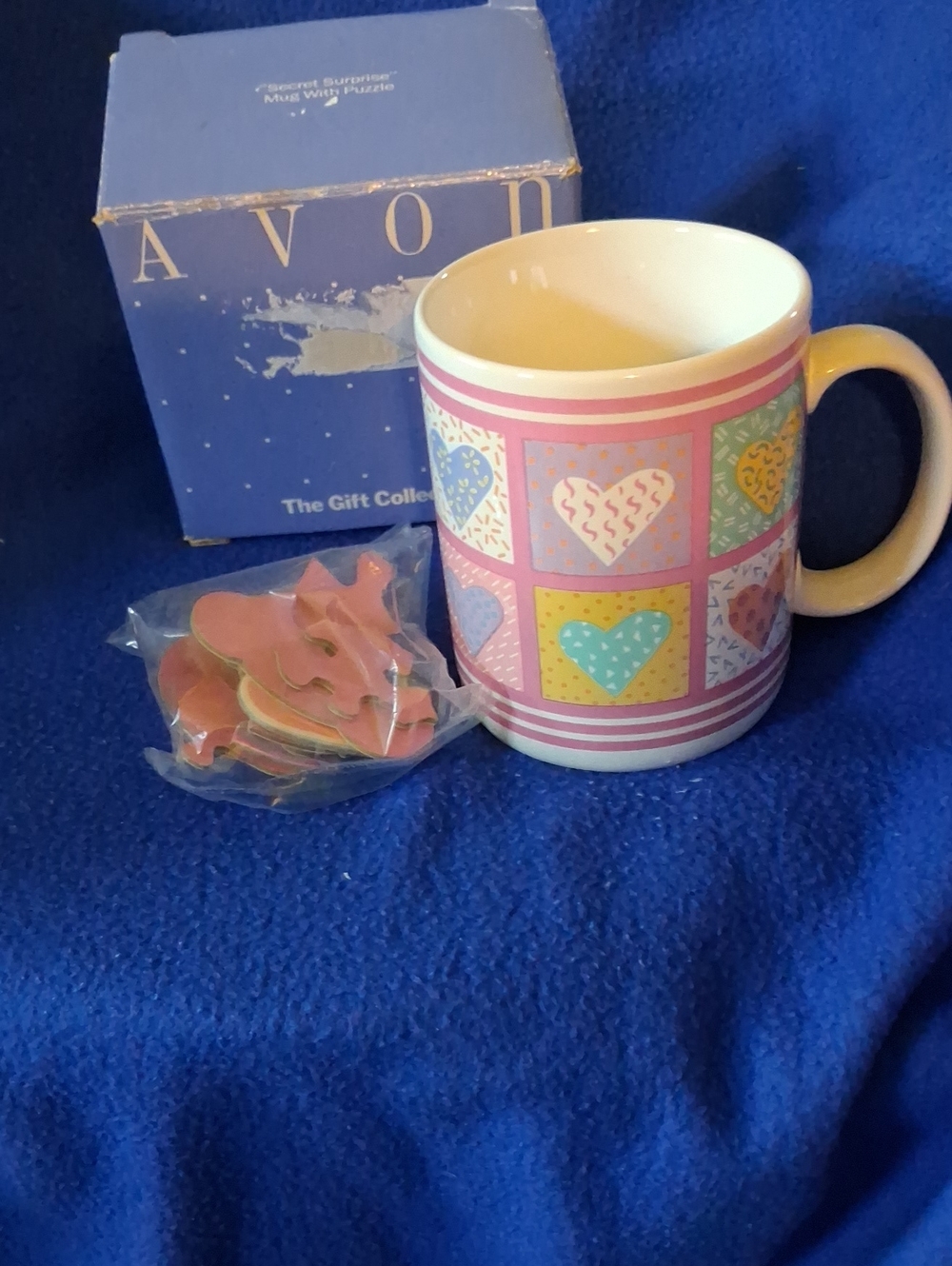 Avon Pastel Heart Patchwork Ceramic Mug - Pink, Yellow, Blue, Purple, Cream